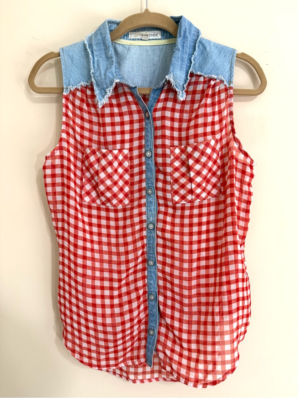 REWIND‎ Women Sleeveless Sheer Gingham Chambray Top M Western Picnic Cottagecore